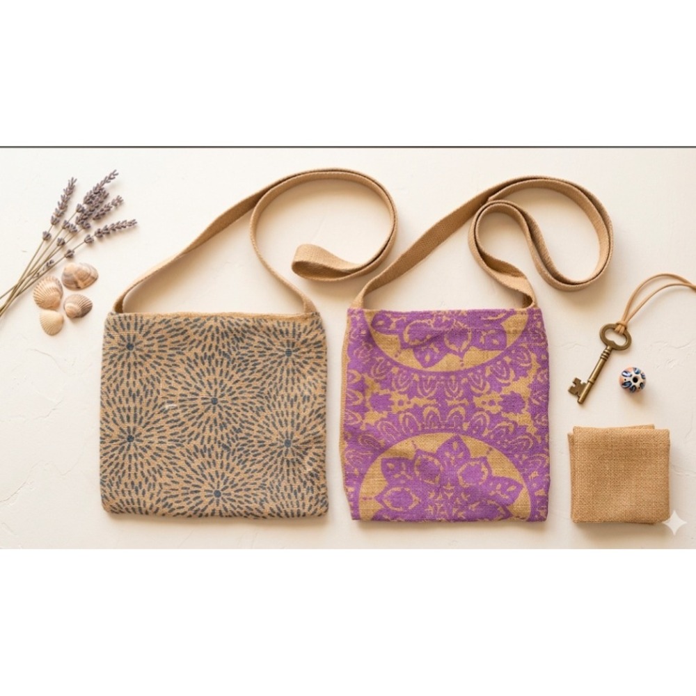 Set of 2 Burlap Crossbody Bags Boho Mandala Starburst Jute Small Pouches Purple